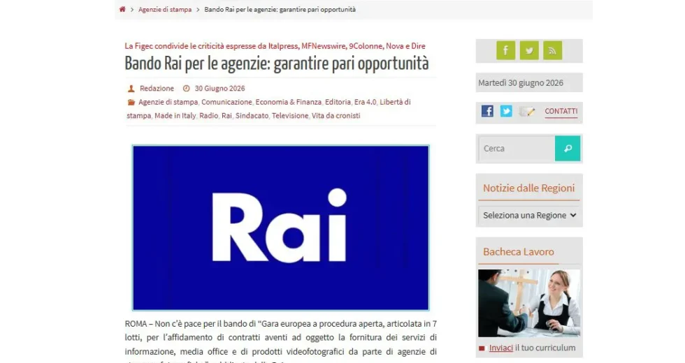 Bando Rai per le agenzie di stampa, Figec “Non garantisce pari opportunità”